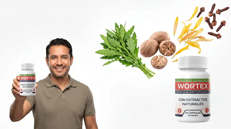Persona sosteniendo Wortex, suplemento natural mexicano con epazote